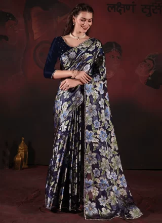 Blue Brasso Diamond and Floral Patch Work Classic Sari