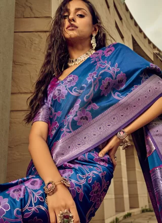 Blue Brasso Digital Print and Woven Work Trendy Saree for Women