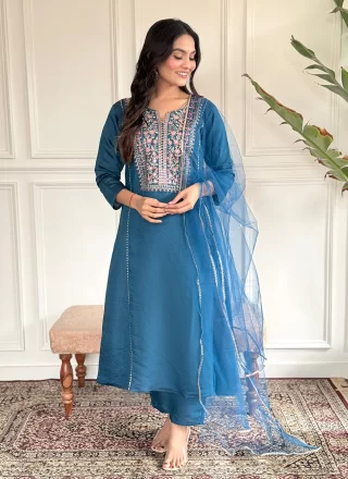 Blue Chanderi Embroidered Work Salwar Suit for Women