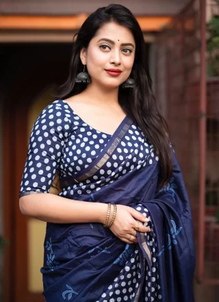 Blue Chanderi Print Work Designer Sari