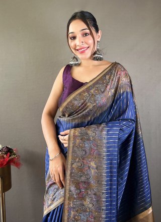 Blue Chanderi Silk Print Work Traditional Saree