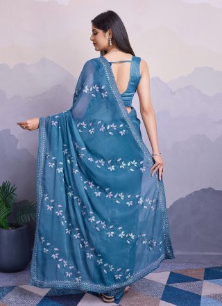 Blue Chiffon Contemporary Saree with Embroidered and Sequins Work for Women