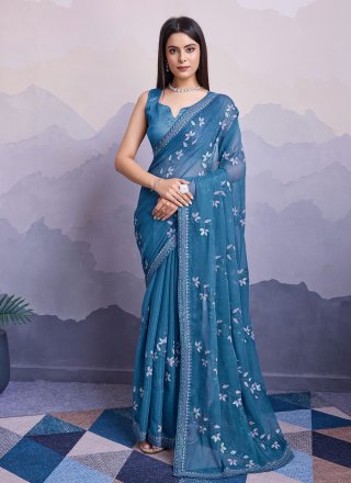 Blue Chiffon Contemporary Saree with Embroidered and Sequins Work for Women