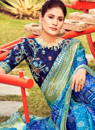 Blue Chiffon Embroidered and Lace Work Classic Sari