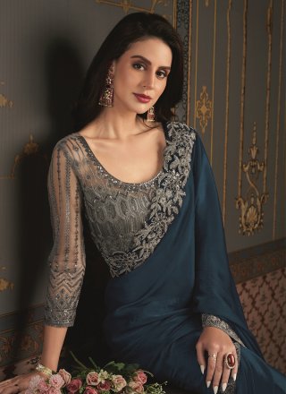 Blue Chiffon Patch Border and Embroidered Work Classic Sari for Ceremonial