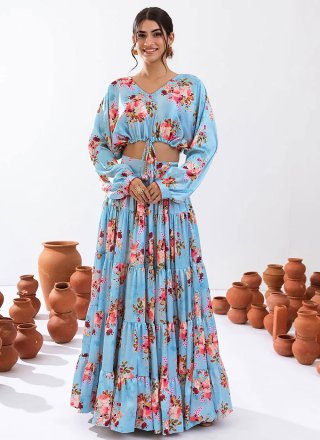 Blue Chinon Digital Print Work Readymade Lehenga Choli
