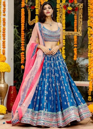 Blue Chinon Lehenga Choli with Embroidered, Sequins, Thread and Zari Work for Ceremonial