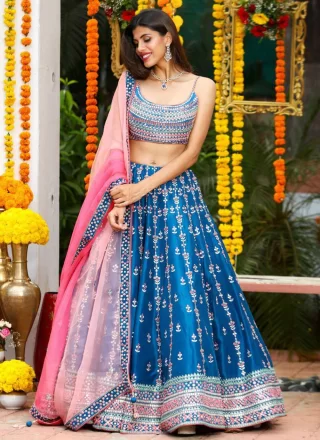 64 129 Blue Vasundhara Pattu Lehenga Choli and Blue Vasundhara Pattu Chaniya Choli Online Shopping