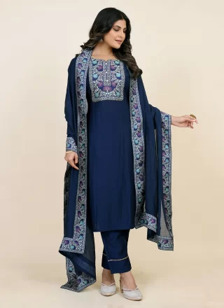 Blue Chinon Salwar Suit with Print Work