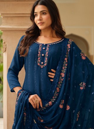Blue Chinon Trendy Suit with Embroidered and Sequins Work for Women