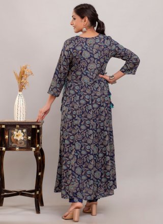 Blue Cotton Anarkali Suit with Print and Sequins Work