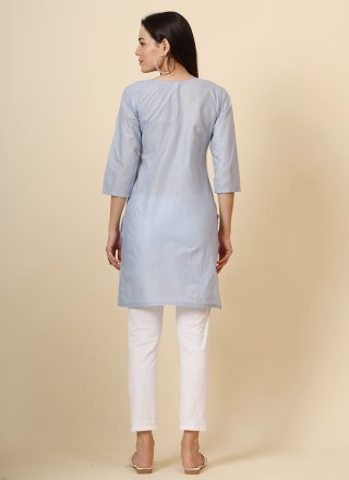 Blue Cotton Casual Kurti with Embroidered and Thread Work