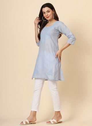 Blue Cotton Casual Kurti with Embroidered and Thread Work