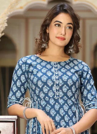 Blue Cotton Designer Gown with Print Work for Women