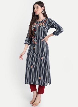 Blue Cotton Designer Kurti with Embroidered Work for Casual