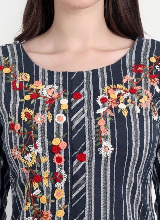 Blue Cotton Designer Kurti with Embroidered Work for Casual
