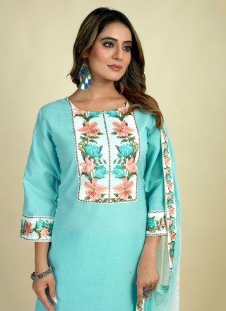 Blue Cotton Designer with Print Work for Ceremonial