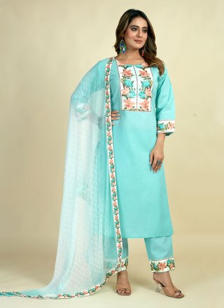 Blue Cotton Designer with Print Work for Ceremonial