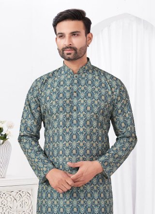 Blue Cotton Digital Print Work Kurta Pyjama