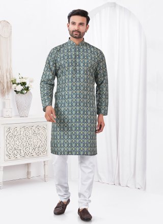 Blue Cotton Digital Print Work Kurta Pyjama