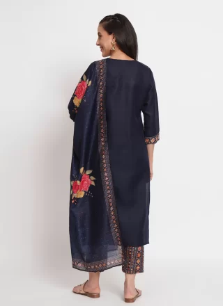 Blue Cotton Embroidered and Print Work Pant Style Suit