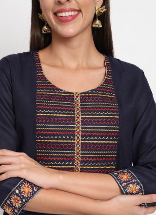 Blue Cotton Embroidered and Print Work Pant Style Suit