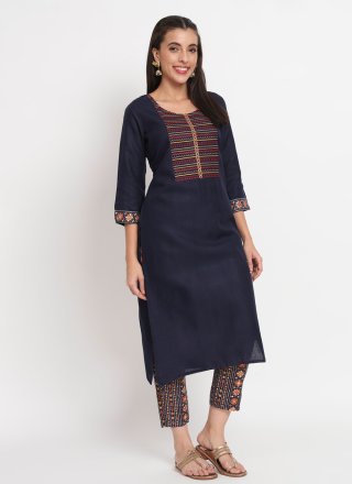 Blue Cotton Embroidered and Print Work Pant Style Suit