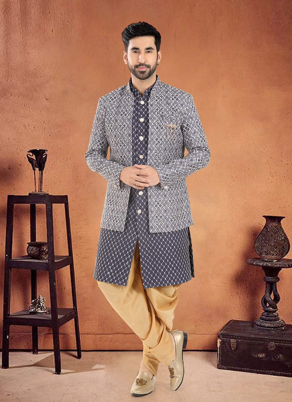 Blue Cotton Embroidered, Sequins and Thread Work Sherwani Mens Wear for  Ceremonial