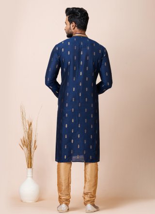 Blue Cotton Jacquard Work Kurta Pyjama