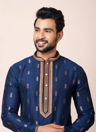Blue Cotton Jacquard Work Kurta Pyjama