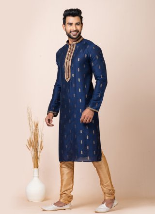 Blue Cotton Jacquard Work Kurta Pyjama
