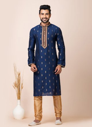 Blue Cotton Jacquard Work Kurta Pyjama