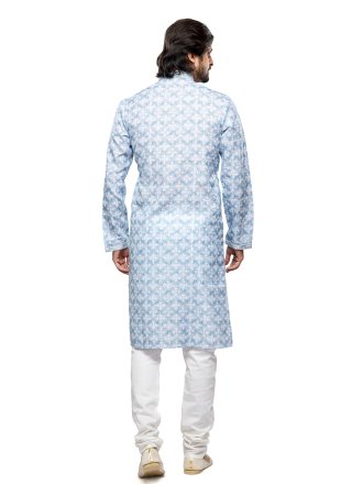 Blue Cotton Kurta Pyjama with Digital Print and Thread Work