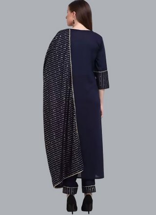 Blue Cotton Lace Work Salwar Suit for Women