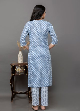 Blue Cotton Pant Style Suit with Embroidered Work