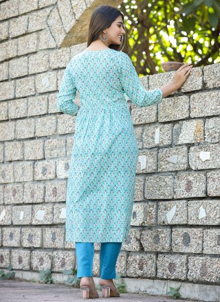 Blue Cotton Party Wear Kurti with Mirror Work for Casual