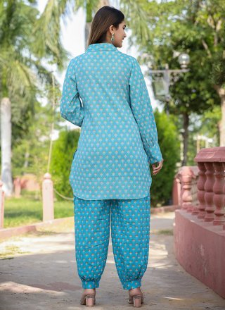 Blue Cotton Print Work Casual Kurti for Casual