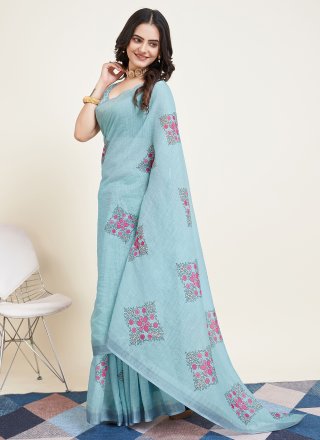 Blue Cotton Print Work Classic Saree for Casual