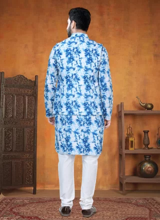 Blue Cotton Print Work Kurta Payjama with Jacket for Ceremonial