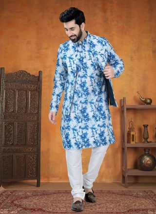 Blue Cotton Print Work Kurta Payjama with Jacket for Ceremonial