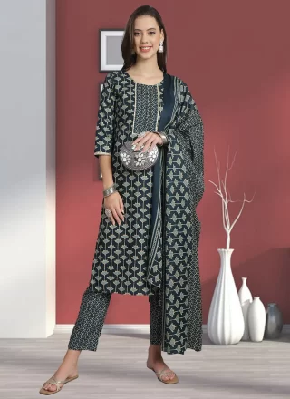 Blue Cotton Print Work Salwar Suit for Casual