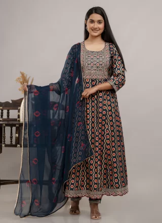 Blue Cotton Readymade Salwar Suit with Embroidered and Fancy Work