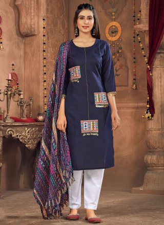 Blue Cotton Readymade Salwar Suit with Embroidered Work for Women