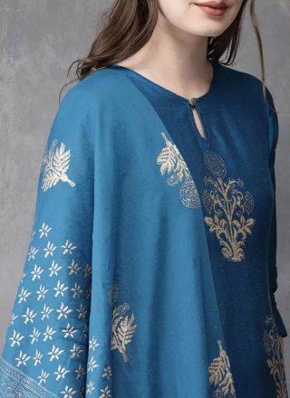 Blue Cotton Salwar Suit with Embroidered and Print Work for Women