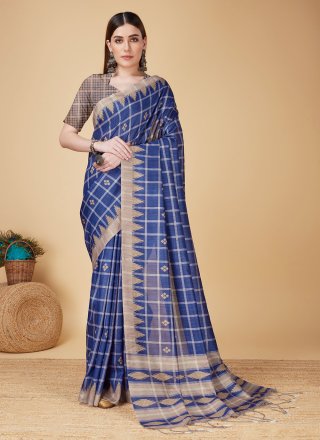 Blue Cotton Silk Casual Sari with Weaving Work