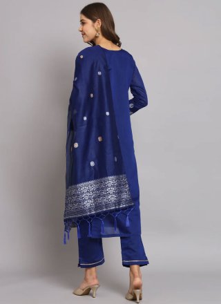 Blue Cotton Silk Woven Work Salwar Suit