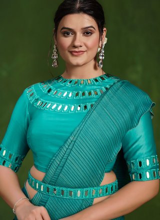 Blue Crepe Silk Mirror and Thread Work Contemporary Saree