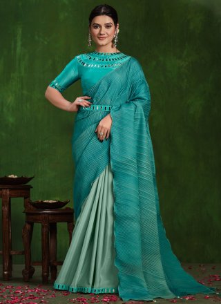Blue Crepe Silk Mirror and Thread Work Contemporary Saree