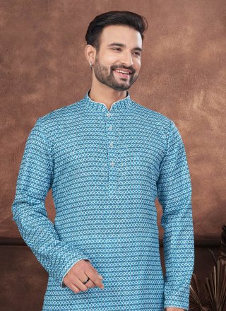 Blue Digital Print and Embroidered Work Rayon Kurta Mens Wear