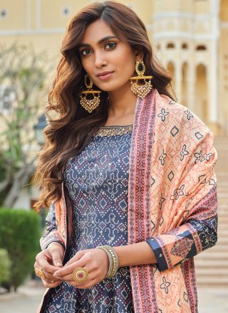 Blue Digital Print and Patola Print Work Silk Gown